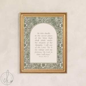 Psalm 91 Print | Scripture Wall Art with William Morris Marigold Pattern | Bible Verse Canvas in Ornate Gold Frame | N174