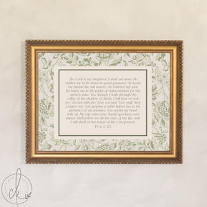 Prayer Artwork | Psalm 23 The Lord Is My Shepherd Framed Canvas | Christian Wall Art with Botanical Border | N173