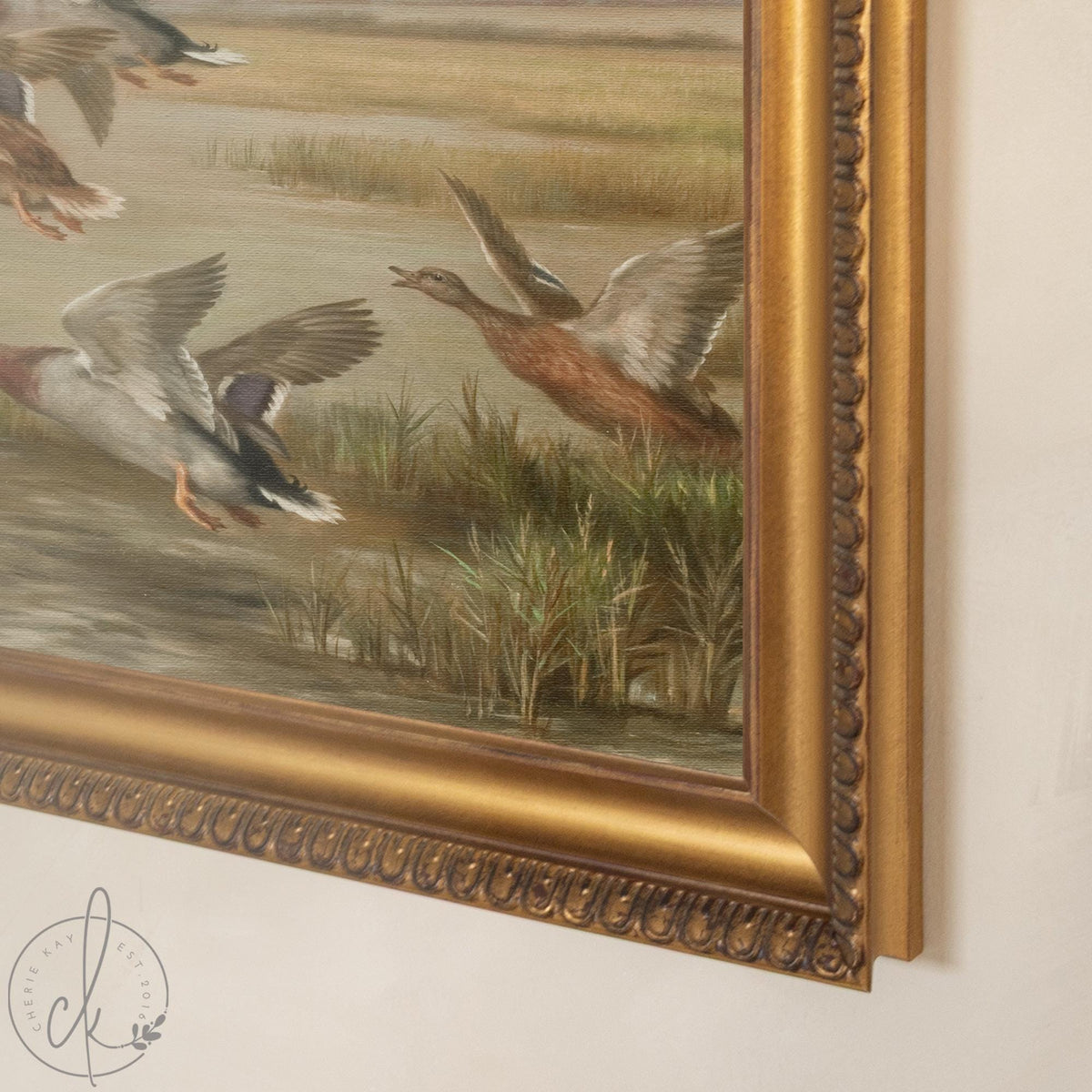 Mallard Duck Painting | Vintage Waterfowl Wall Art in Ornate Gold Frame | Framed Canvas for Office or Lake House | N176