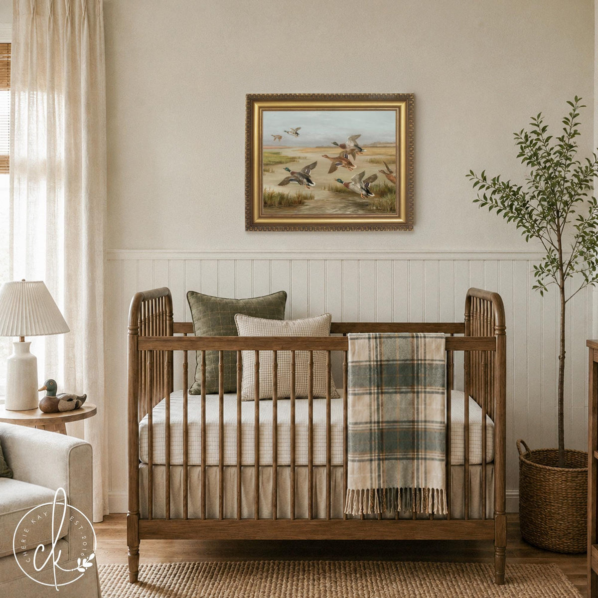 Mallard Duck Painting | Vintage Waterfowl Wall Art in Ornate Gold Frame | Framed Canvas for Office or Lake House | N176