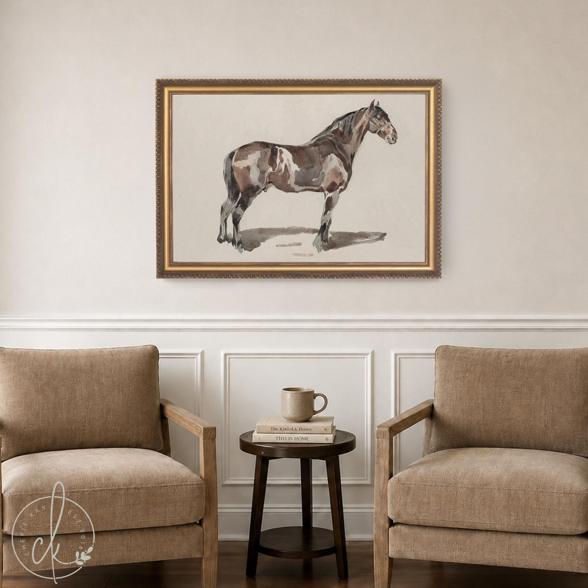 Horse Portrait Framed Canvas | Watercolor Equestrian Wall Art | Vintage Gold Frame Living Room Decor | N165