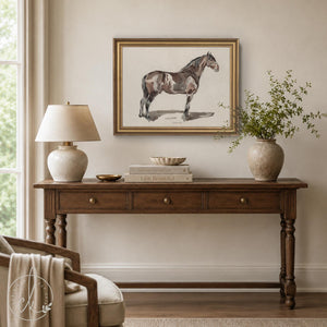 Horse portrait framed canvas print of a brown horse in profile with a shiny coat, watercolor look, and an ornate gold frame.
