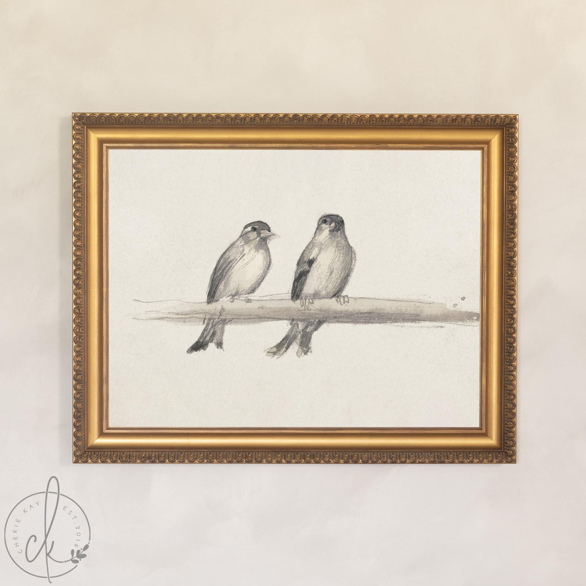 Framed Bird Art | Two Little Birds on a Branch in an Ornate Gold Frame | Vintage Neutral Wall Decor for the Living Room | N167