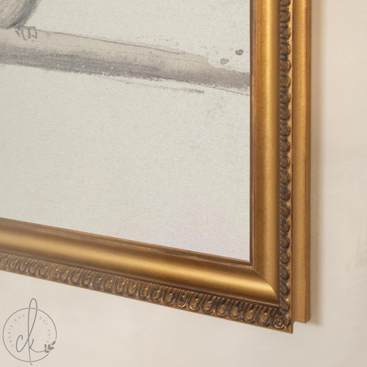 Framed Bird Art | Two Little Birds on a Branch in an Ornate Gold Frame | Vintage Neutral Wall Decor for the Living Room | N167