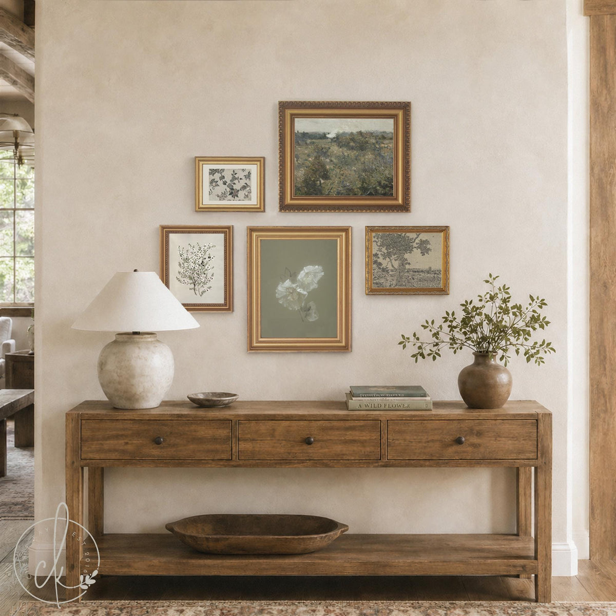 Gallery Wall Sets | Vintage Framed Canvas Art Set of 5 | Gold Frame Landscape and Botanical Prints for Living Room | G41