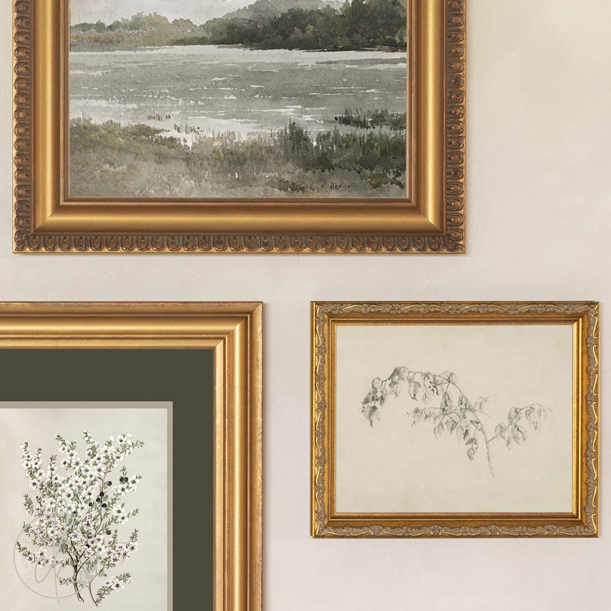 Gallery Wall Pictures Set of 5 | Vintage Framed Canvas Art | Neutral Landscape and Botanical Prints for Entryway | G45