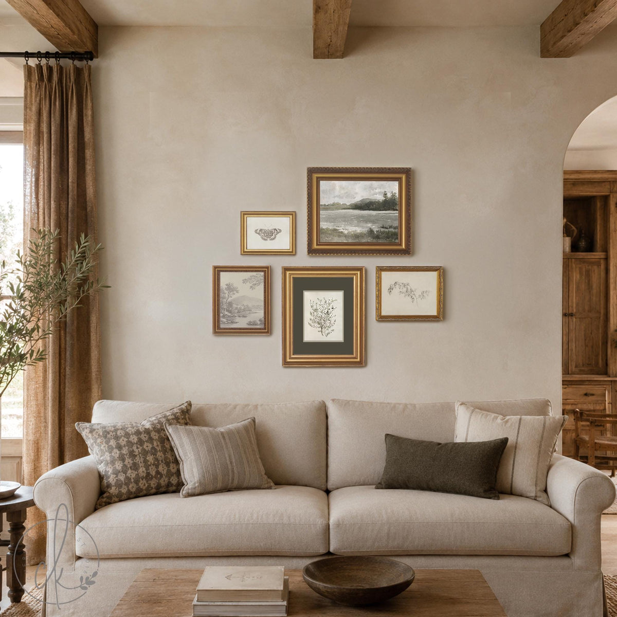 Gallery Wall Pictures Set of 5 | Vintage Framed Canvas Art | Neutral Landscape and Botanical Prints for Entryway | G45