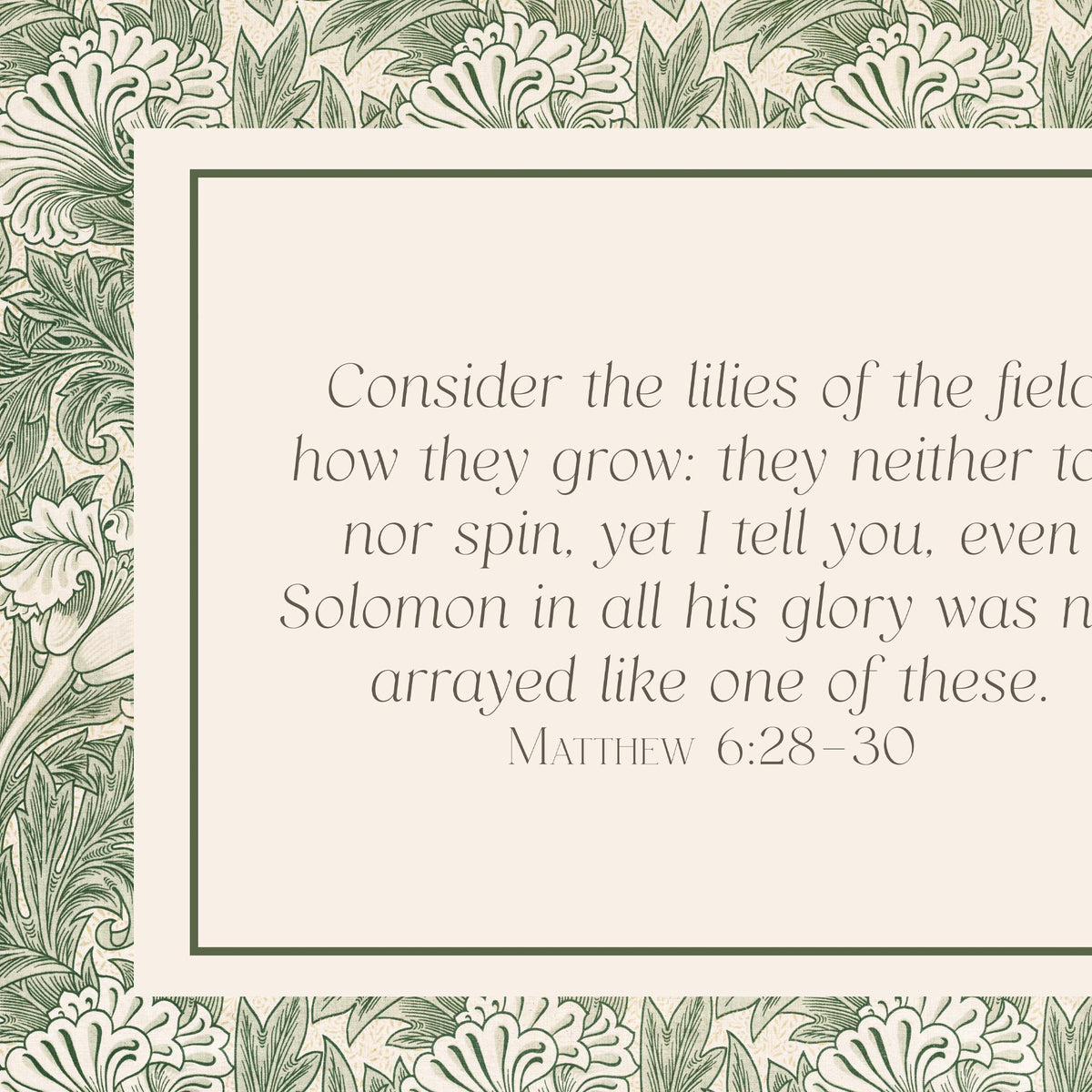 William Morris Print | Consider the Lilies Matthew 6 Bible Verse Art | Framed Scripture Canvas in Ornate Gold Frame | N168