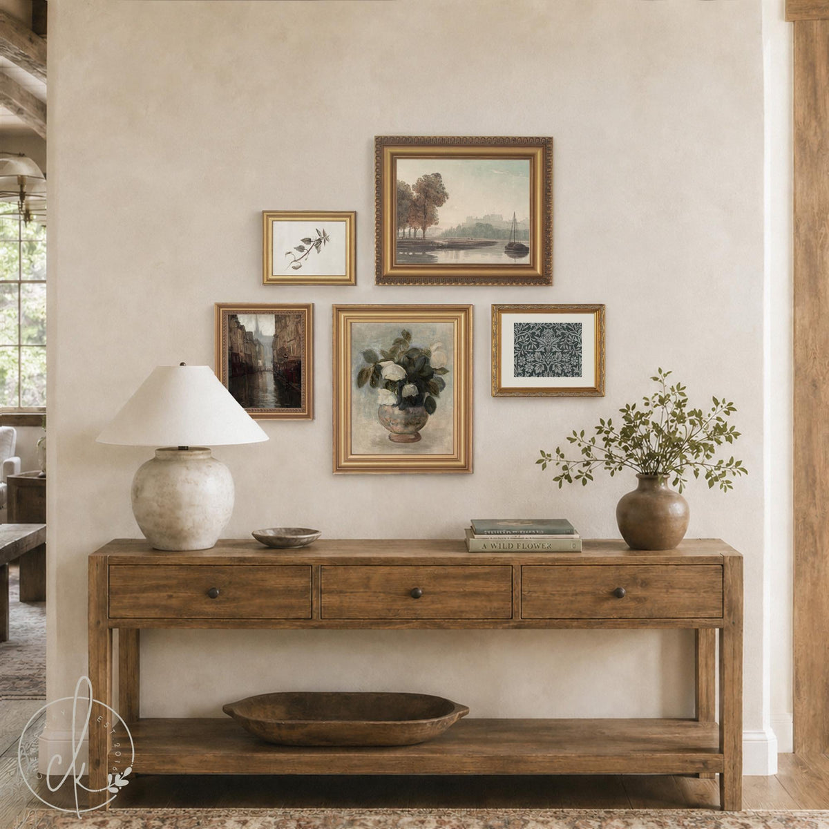 curated gallery wall, entryway wall art, hallway wall art, living room art, wall art sets, framed canvas art, gold framed art, vintage artwork, neutral wall art, landscape art, still life art, botanical prints, william morris