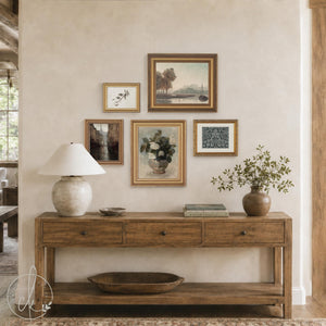 curated gallery wall, entryway wall art, hallway wall art, living room art, wall art sets, framed canvas art, gold framed art, vintage artwork, neutral wall art, landscape art, still life art, botanical prints, william morris