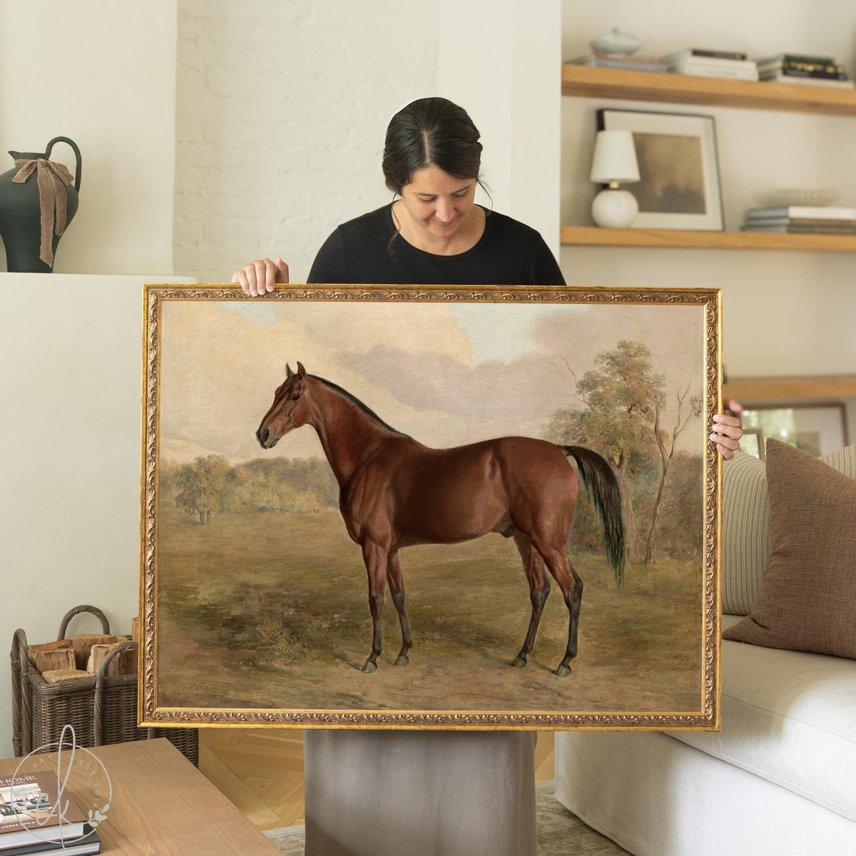 Horse Canvas Wall Art | Vintage Countryside Painting in Gold Frame | Equestrian Decor for Living Room or Entryway | N169