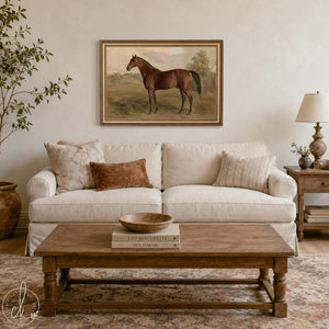 Horse Canvas Wall Art | Vintage Countryside Painting in Gold Frame | Equestrian Decor for Living Room or Entryway | N169