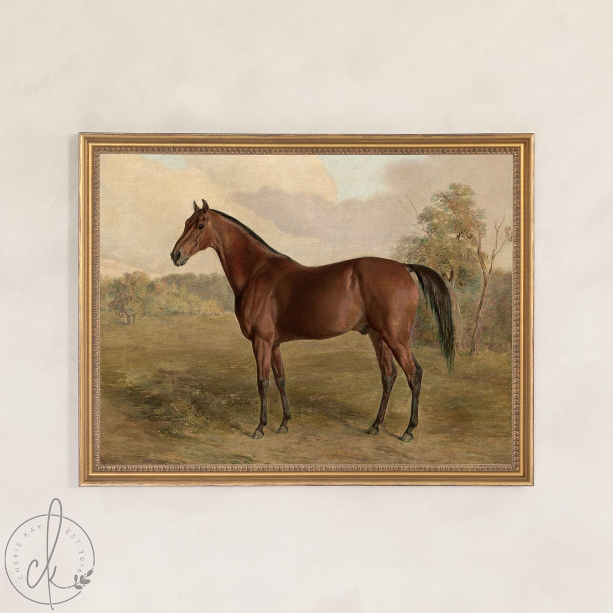 Horse Canvas Wall Art | Vintage Countryside Painting in Gold Frame | Equestrian Decor for Living Room or Entryway | N169