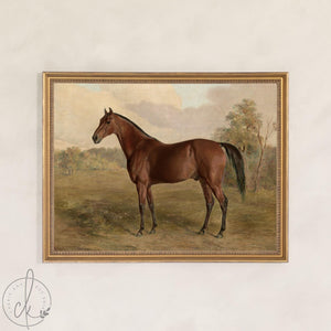 Horse Canvas Wall Art | Vintage Countryside Painting in Gold Frame | Equestrian Decor for Living Room or Entryway | N169