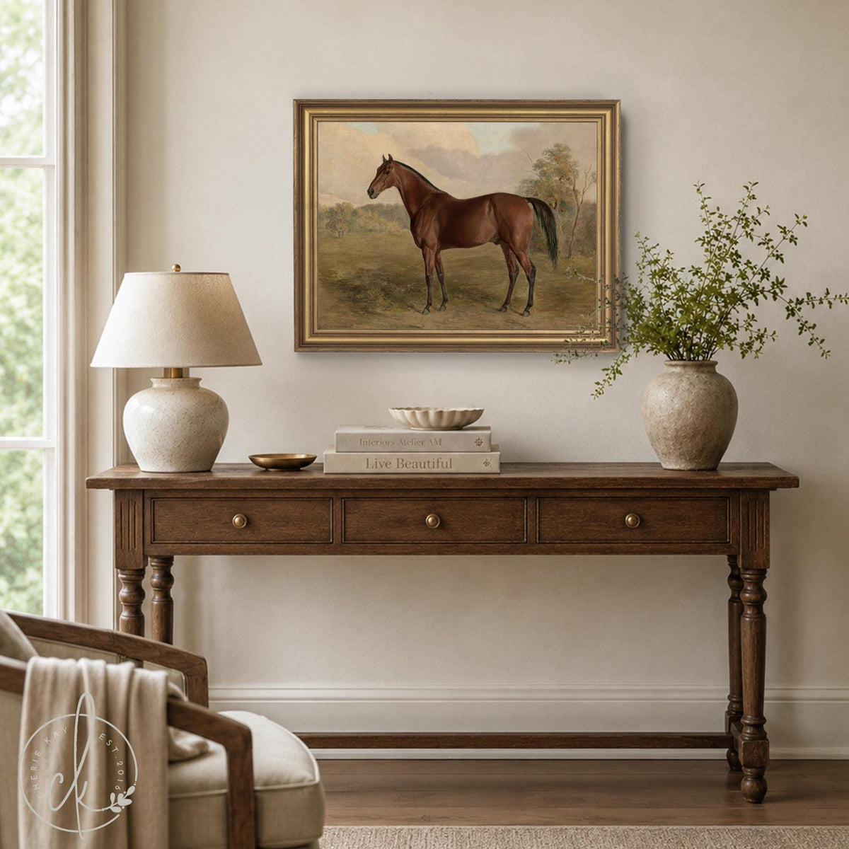 Horse canvas wall art of a bay horse standing in a pasture with trees and a cloudy sky, in a classic gold frame