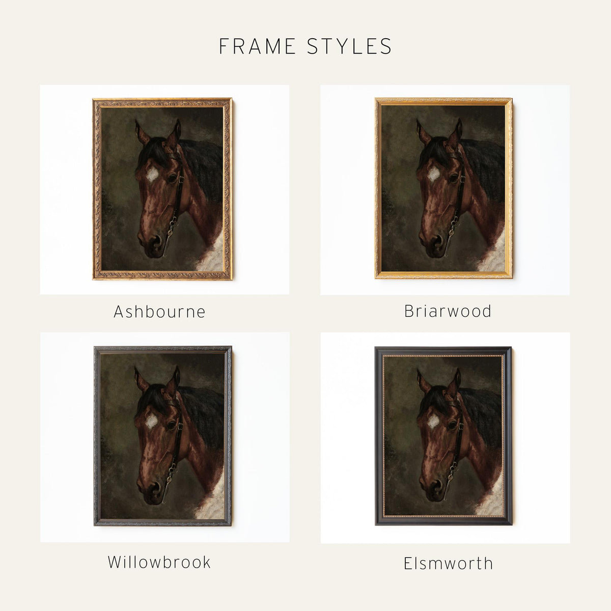 Horse Artwork | Moody Equestrian Canvas in Ornate Gold Frame | Vintage Wall Decor for Entryway or Office | N170