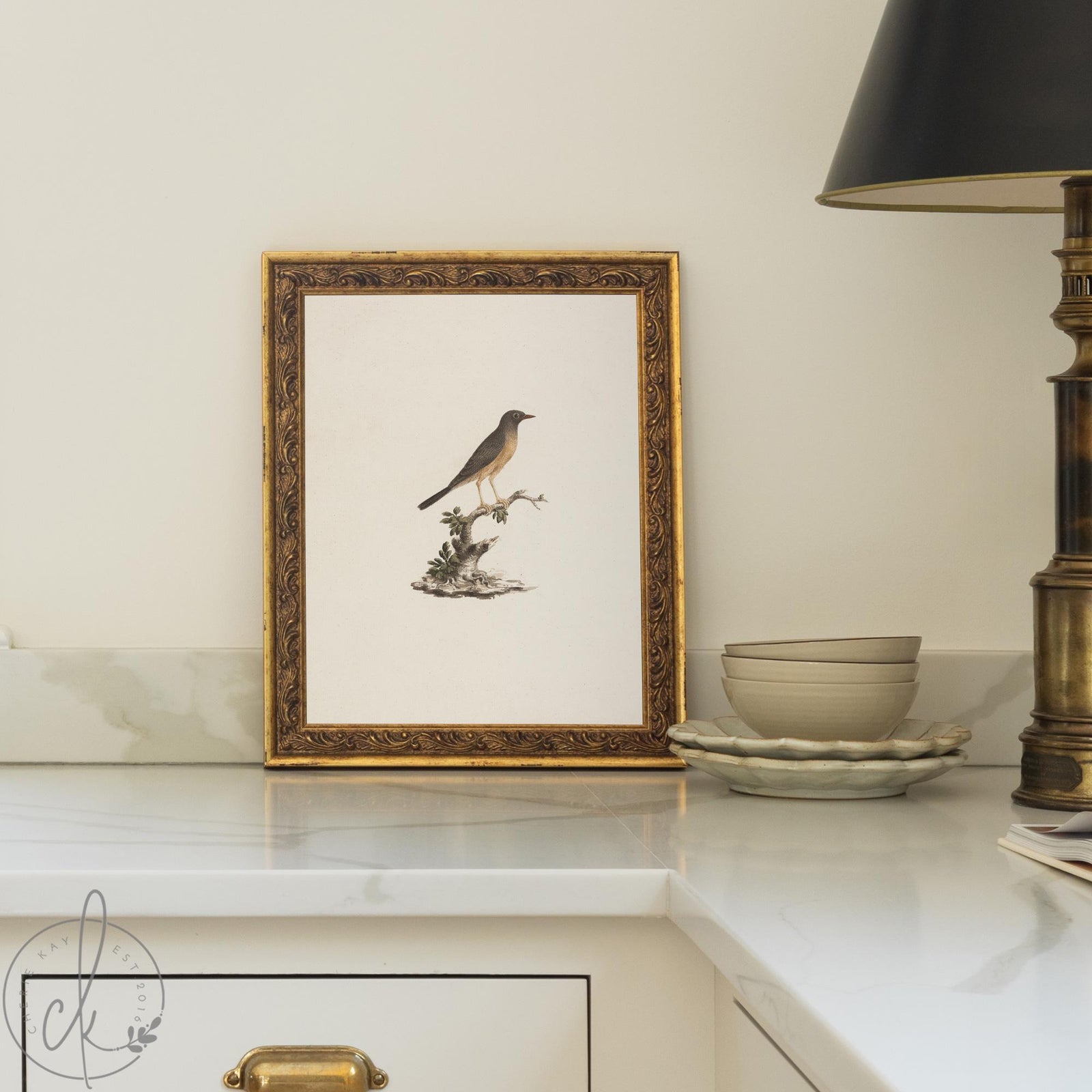 Vintage songbird framed canvas in an ornate gold frame, bird wall decor leaning on a marble kitchen counter.