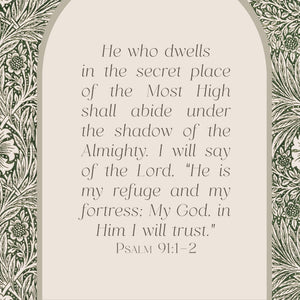 Psalm 91 Print | Scripture Wall Art with William Morris Marigold Pattern | Bible Verse Canvas in Ornate Gold Frame | N174