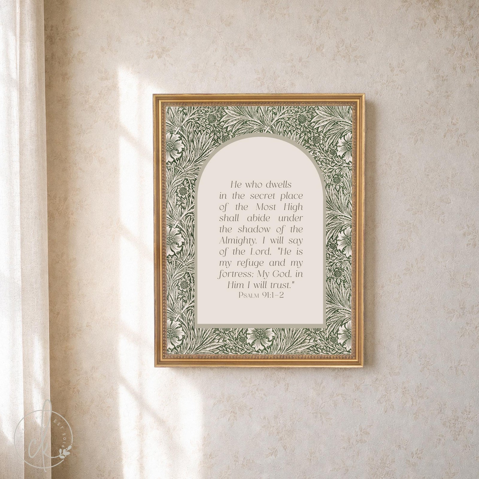 Psalm 91 print with green William Morris marigold border around an arched cream panel, in an ornate gold frame