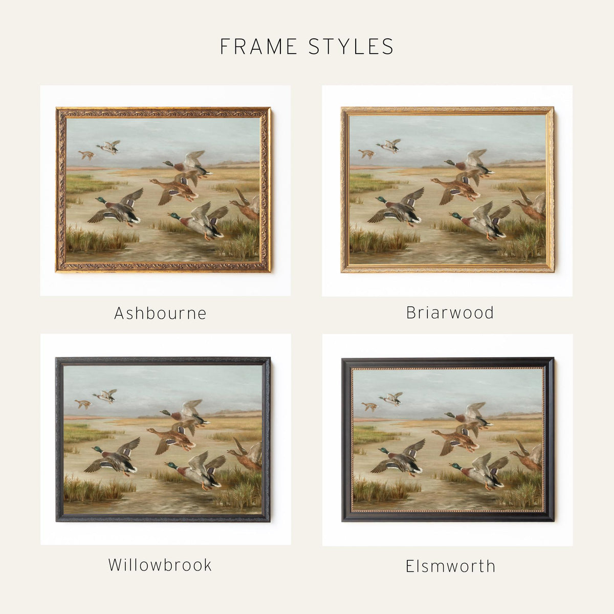 Mallard Duck Painting | Vintage Waterfowl Wall Art in Ornate Gold Frame | Framed Canvas for Office or Lake House | N176