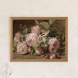 Floral Welcome Sign | Personalized Last Name Wedding Canvas, Vintage Roses, Ornate Gold Frame | Rose Painting Decor | N177
