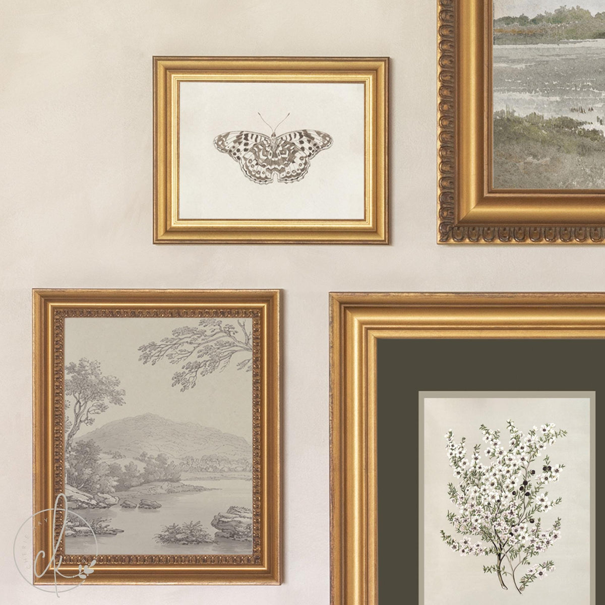 Gallery Wall Pictures Set of 5 | Vintage Framed Canvas Art | Neutral Landscape and Botanical Prints for Entryway | G45