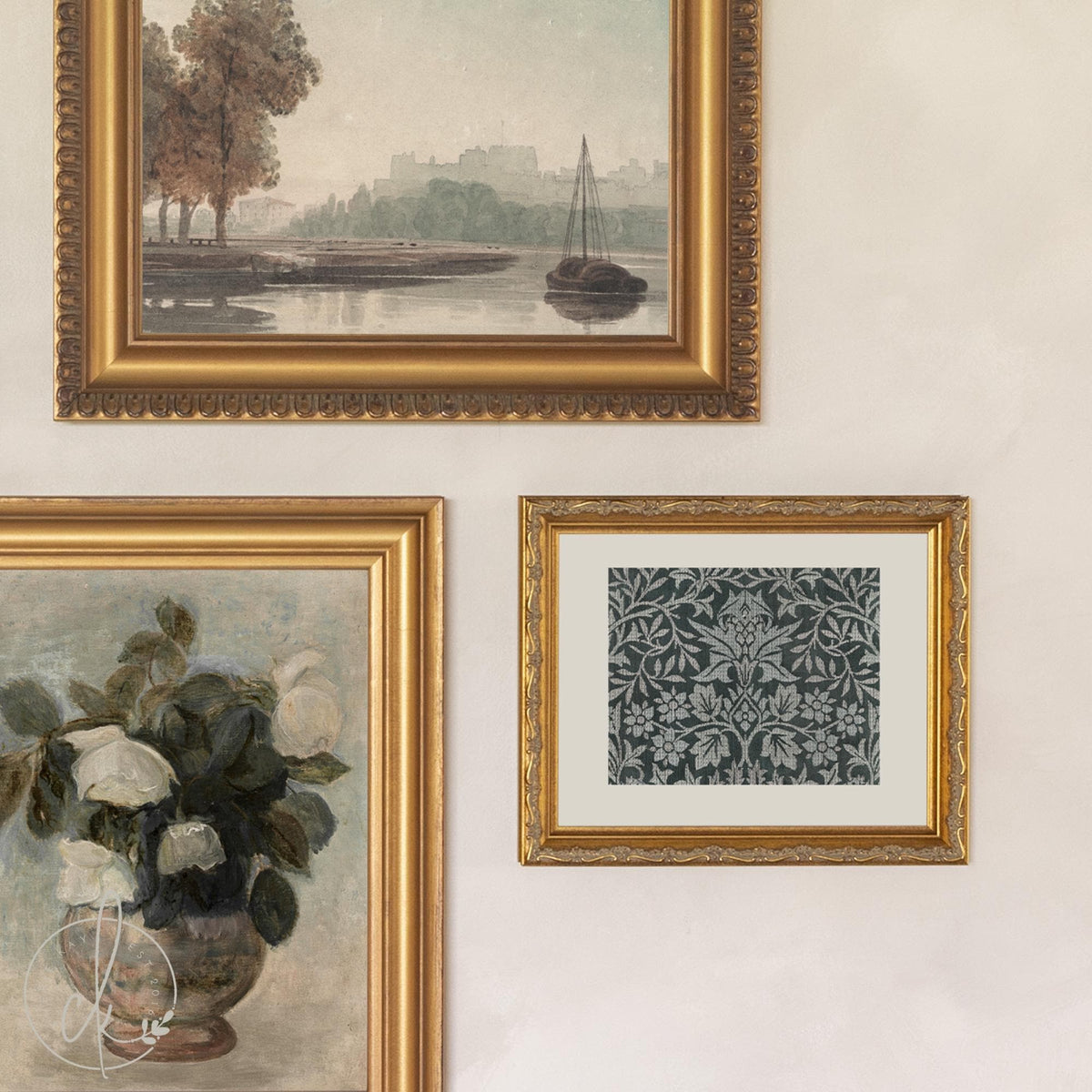 Curated Gallery Wall Set of 5 Framed Prints | River Landscape, White Roses and Rainy Street | Ready to Hang Entryway Art | G8-1