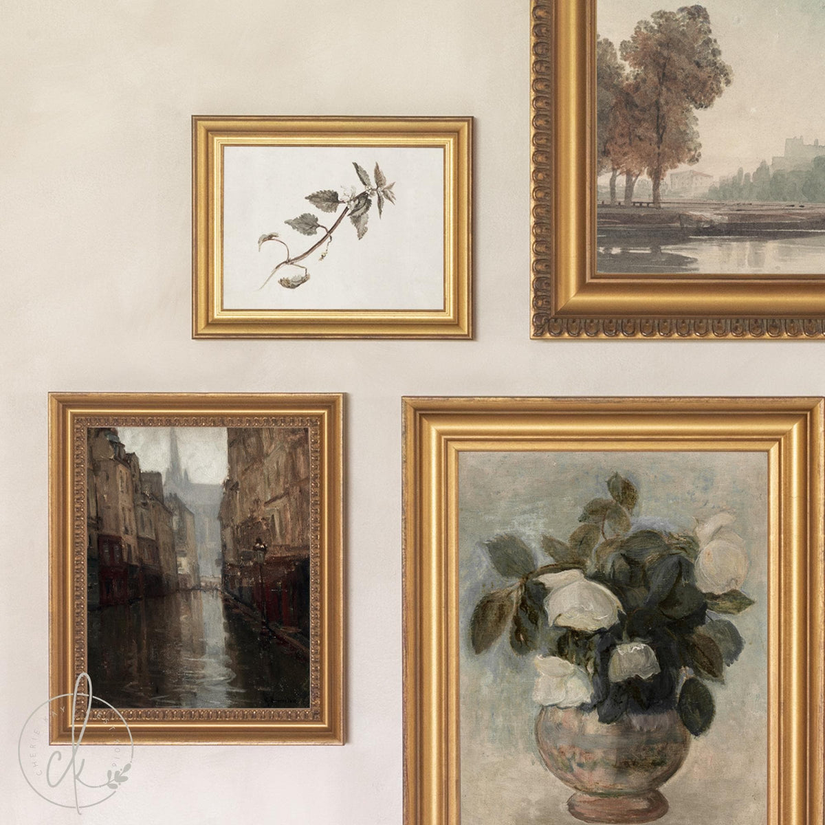 Curated Gallery Wall Set of 5 Framed Prints | River Landscape, White Roses and Rainy Street | Ready to Hang Entryway Art | G8-1