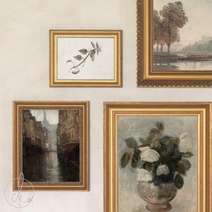 Curated Gallery Wall Set of 5 Framed Prints | River Landscape, White Roses and Rainy Street | Ready to Hang Entryway Art | G8-1