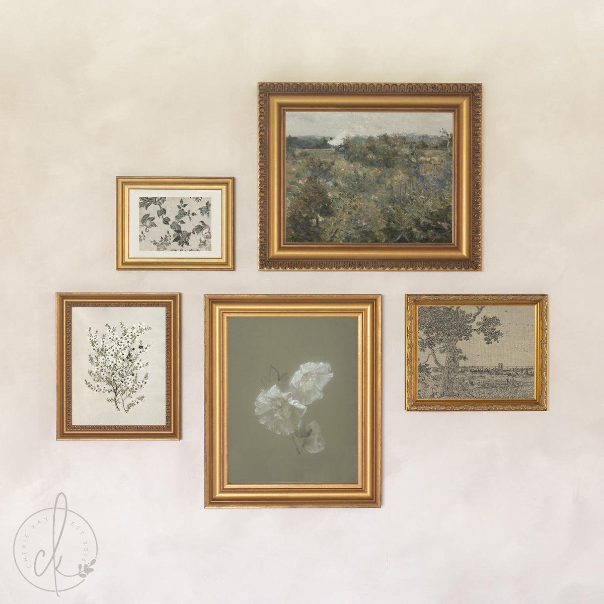 Gallery Wall Sets | Vintage Framed Canvas Art Set of 5 | Gold Frame Landscape and Botanical Prints for Living Room | G41