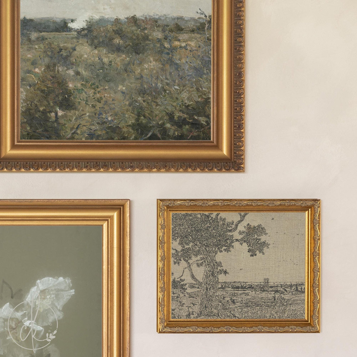 Gallery Wall Sets | Vintage Framed Canvas Art Set of 5 | Gold Frame Landscape and Botanical Prints for Living Room | G41