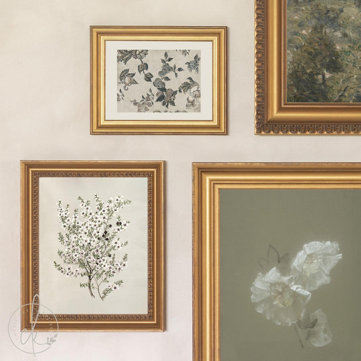 Gallery Wall Sets | Vintage Framed Canvas Art Set of 5 | Gold Frame Landscape and Botanical Prints for Living Room | G41