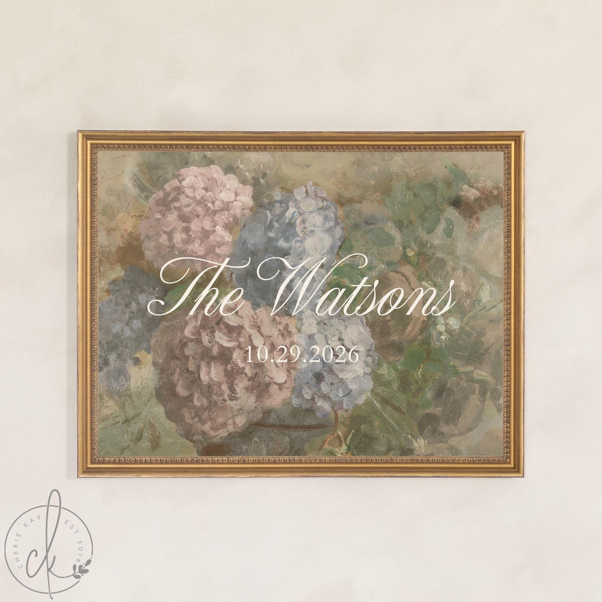 Garden Wedding Sign | Hydrangea Canvas in Ornate Gold Frame | Personalized Last Name & Wedding Date | N181
