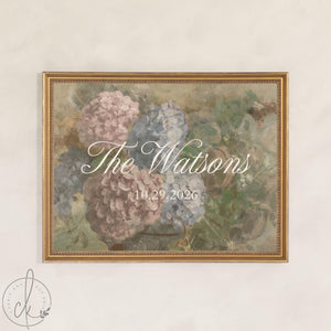 Garden Wedding Sign | Hydrangea Canvas in Ornate Gold Frame | Personalized Last Name & Wedding Date | N181