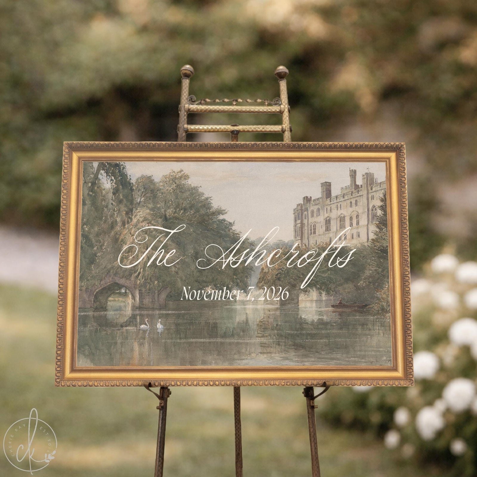 Vintage wedding decor canvas on a gold easel in a garden, European river and stone manor, name and date in script