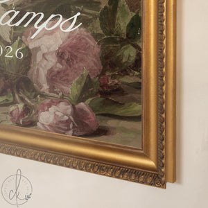 Floral Welcome Sign | Personalized Last Name Wedding Canvas, Vintage Roses, Ornate Gold Frame | Rose Painting Decor | N177