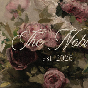 Wedding Ceremony Sign | Personalized Last Name Canvas, Vintage Roses in Ornate Gold Frame | Moody Floral Welcome Decor | N178