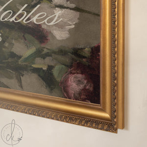 Wedding Ceremony Sign | Personalized Last Name Canvas, Vintage Roses in Ornate Gold Frame | Moody Floral Welcome Decor | N178