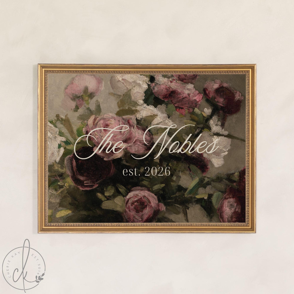 Wedding Ceremony Sign | Personalized Last Name Canvas, Vintage Roses in Ornate Gold Frame | Moody Floral Welcome Decor | N178