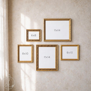 Antique gold picture frame set of five empty ornate frames in 6x8, 8x10, and 11x14 sizes hung on a soft floral wall