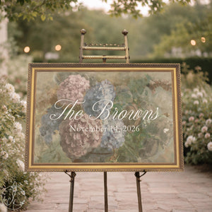 Garden wedding welcome sign on a gold easel, hydrangea canvas in an ornate gold frame with a last name and date