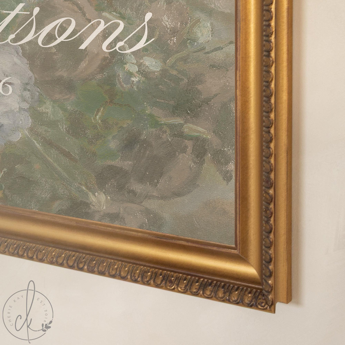 Garden Wedding Sign | Hydrangea Canvas in Ornate Gold Frame | Personalized Last Name & Wedding Date | N181