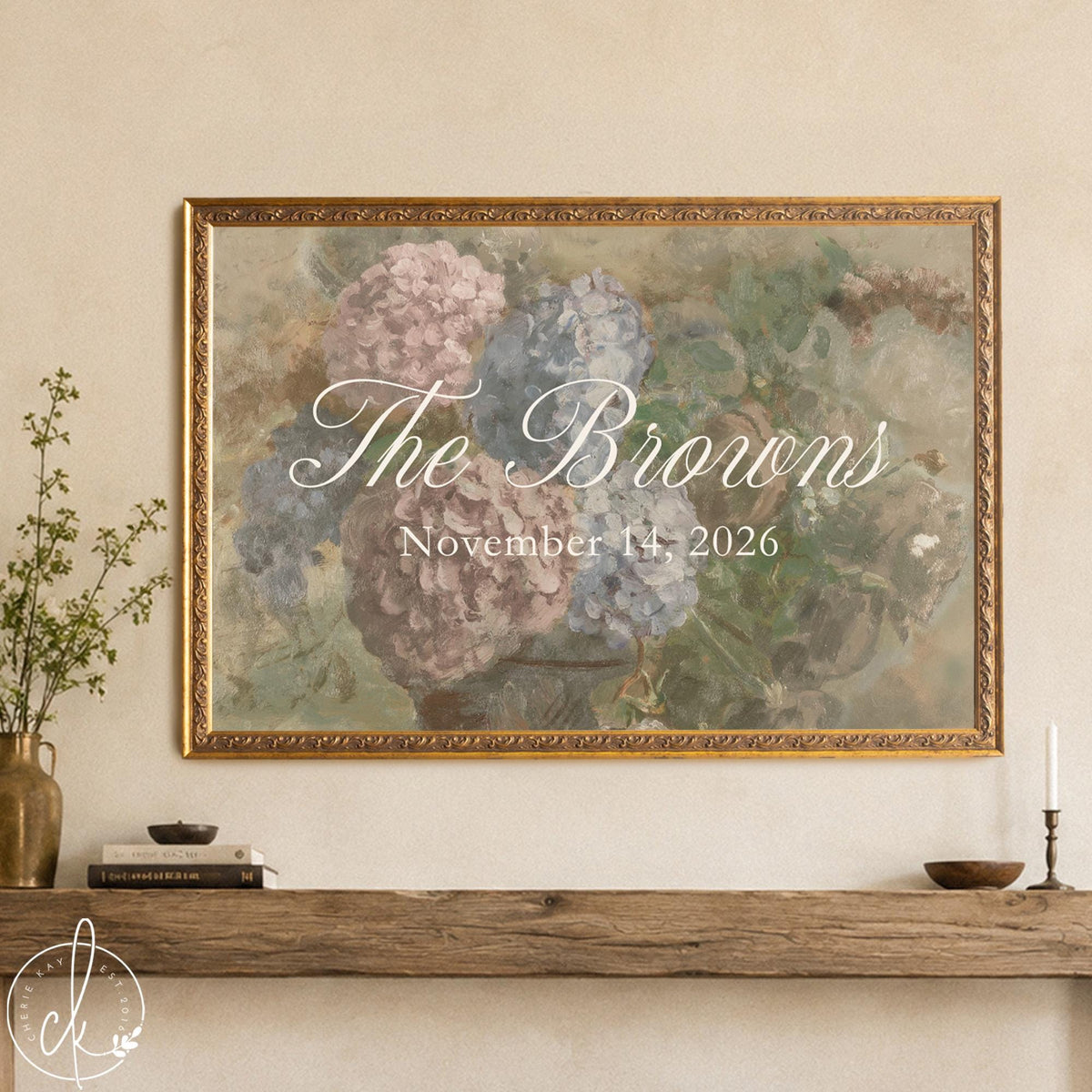 Garden Wedding Sign | Hydrangea Canvas in Ornate Gold Frame | Personalized Last Name & Wedding Date | N181