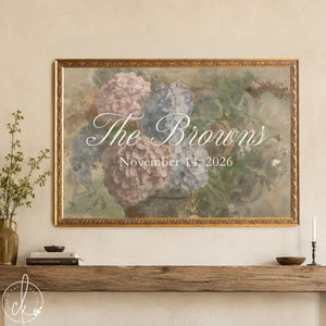 Garden Wedding Sign | Hydrangea Canvas in Ornate Gold Frame | Personalized Last Name & Wedding Date | N181