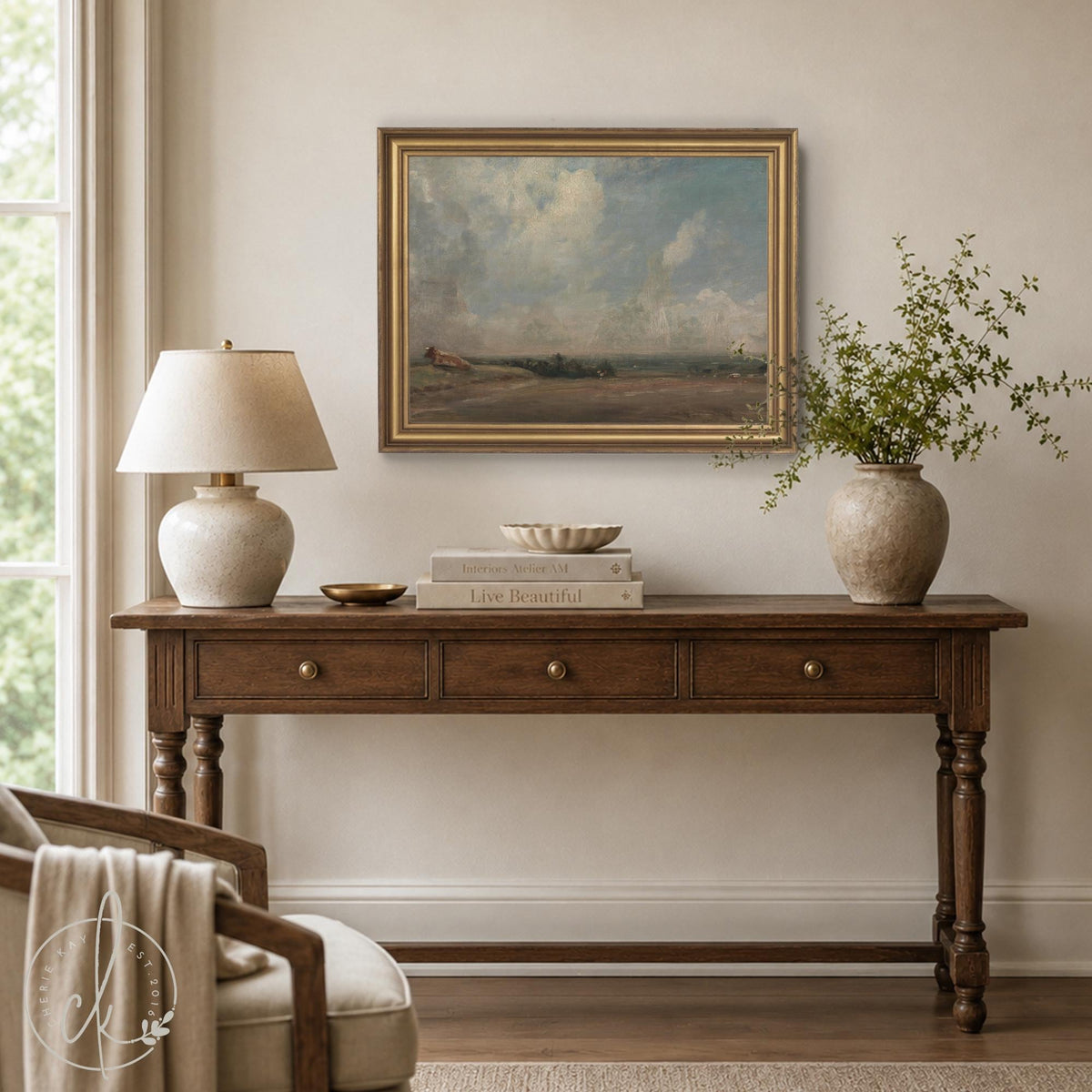 Pastoral Painting | Vintage Wall Art with Cloudy Sky | Black and Gold Framed Canvas Print | N138