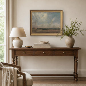 Pastoral Painting | Vintage Wall Art with Cloudy Sky | Black and Gold Framed Canvas Print | N138