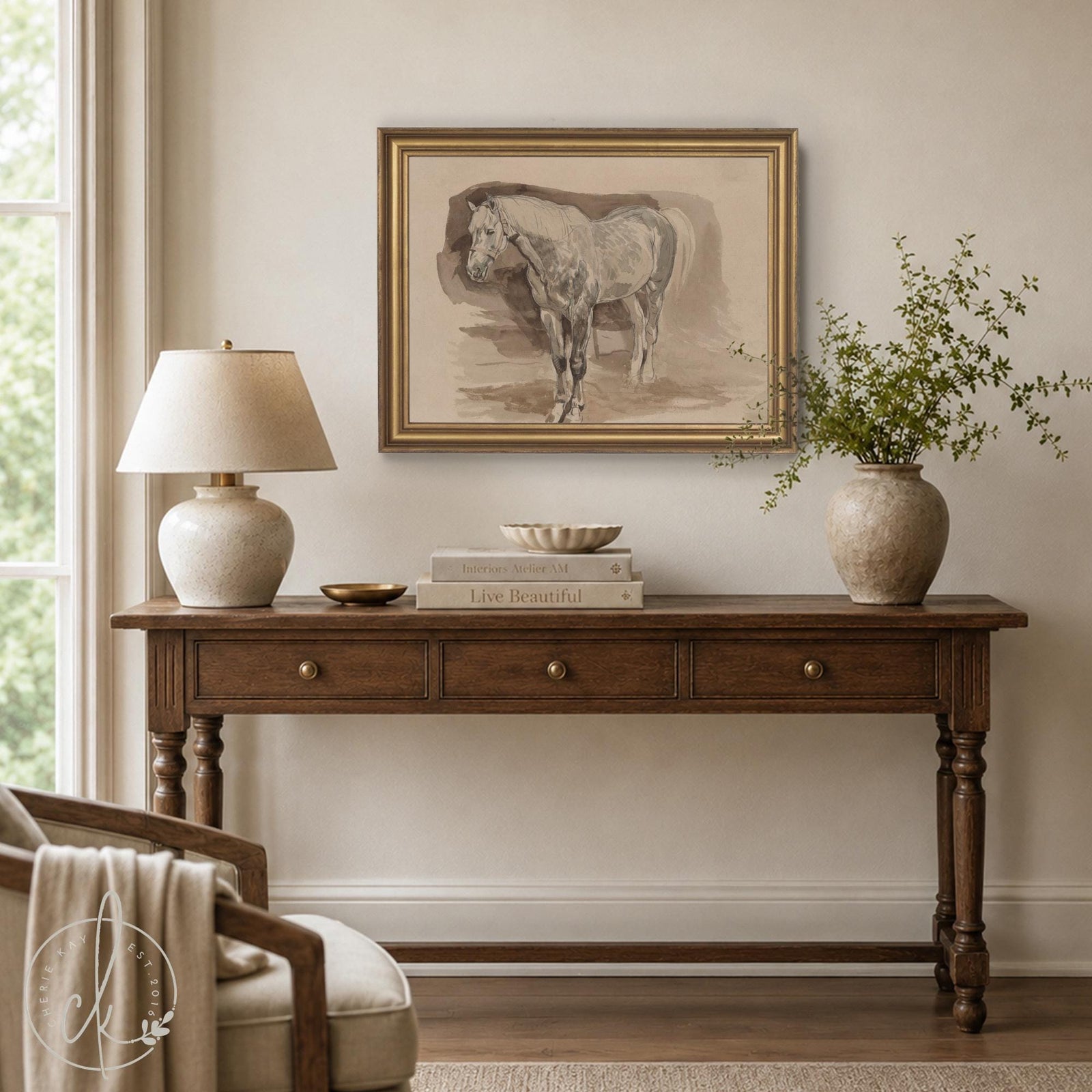 Horse decor canvas of a dapple gray horse in a halter, sepia sketch look, gold frame, above an entryway table