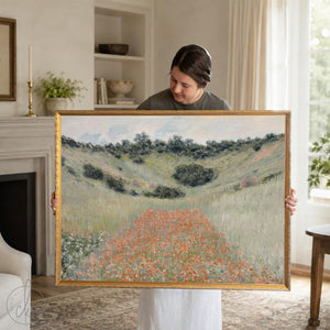 Monet poppies canvas print in an ornate gold frame, red poppy field in a green hollow near Giverny
