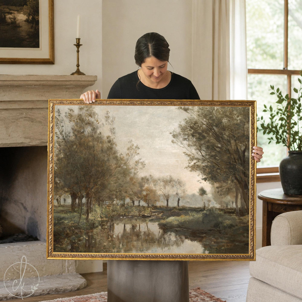 Framed canvas fall landscape painting of willow trees and a rowboat on a misty pond, in an ornate gold frame.