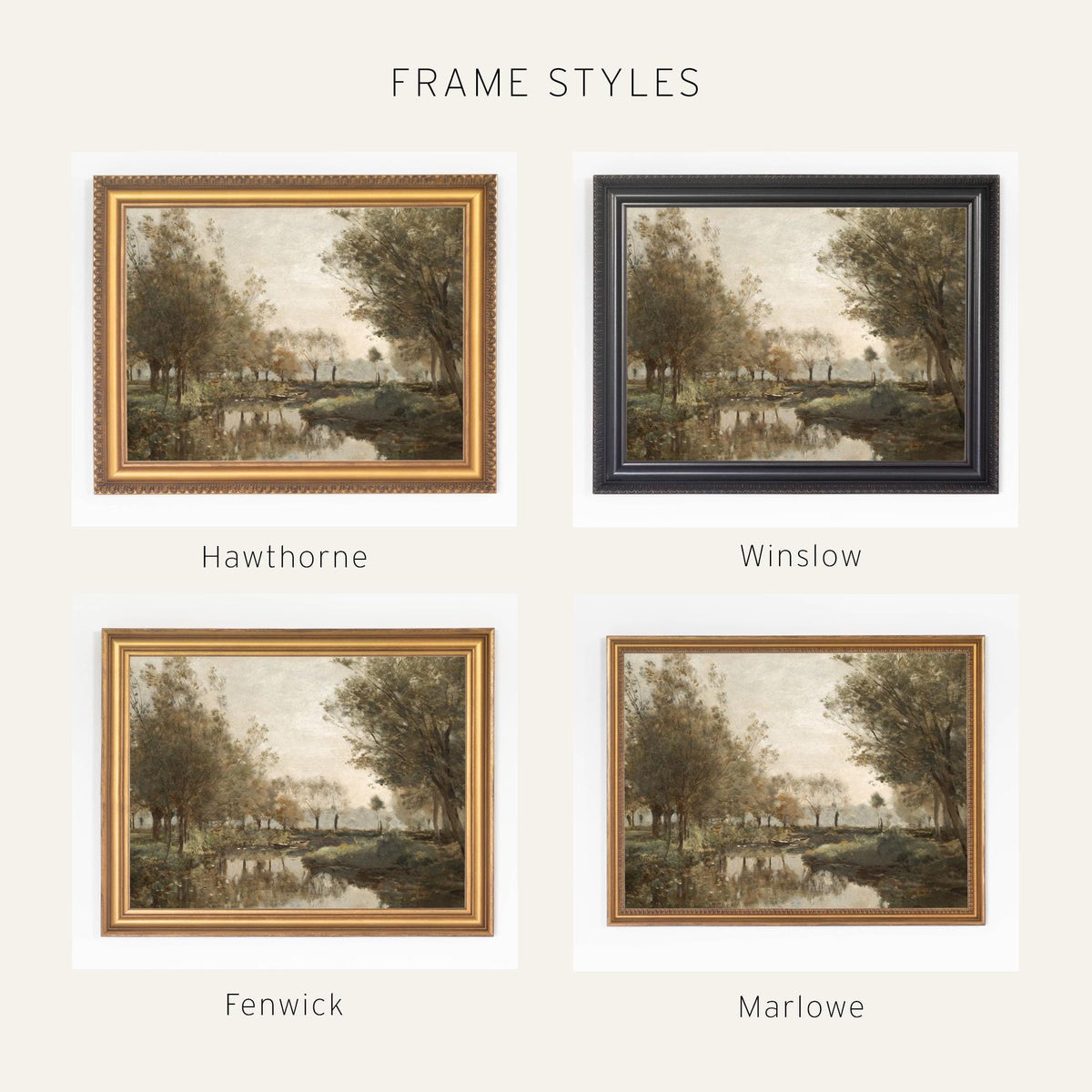 Fall Landscape Painting | Vintage Pond Wall Art | Large Ornate Gold Framed Canvas Print | N204